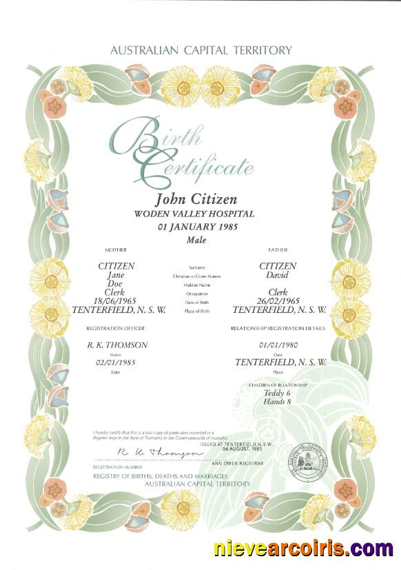 Australia Australian Capital Territory decorative (commemorative) birth certificate